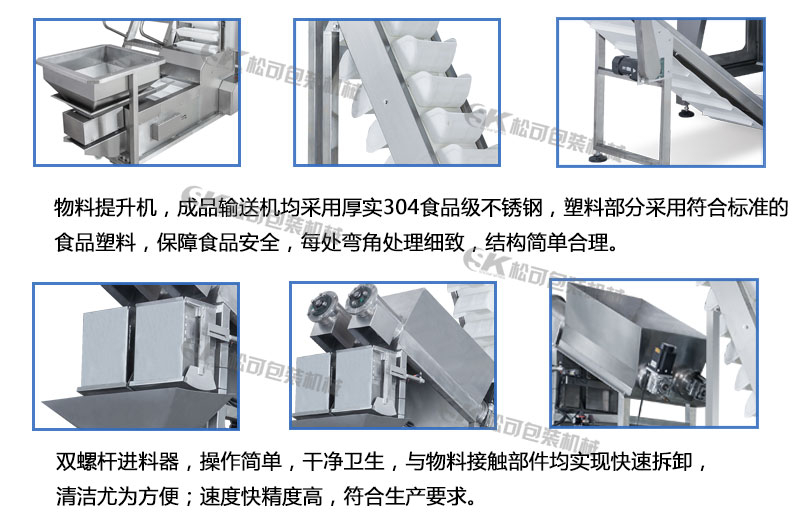 上料機(jī)，成品輸送機(jī)，兩頭螺桿秤細(xì)節(jié)描述圖